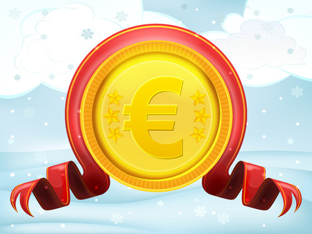 golden Euro coin with xmas bow at winter scenery vector illustrationのイラスト素材