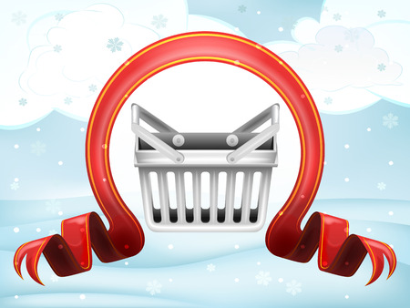 trade basket with xmas bow at winter scenery vector illustrationのイラスト素材