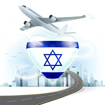 travel and transport concept with Israel flag on heart vector illustration with cityscape backgroundのイラスト素材