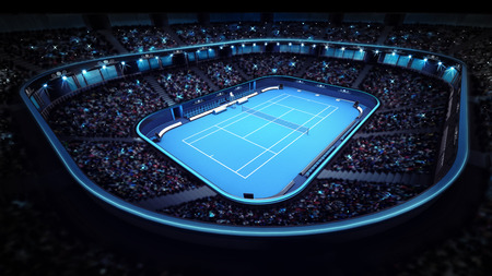 illuminated tennis stadium with blue court sport theme render illustration background own designの写真素材