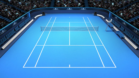 tennis blue court perspective upper front view  sport theme render illustration background own designの写真素材