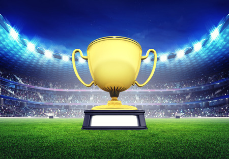 football stadium with golden champion trophy on grass field digital sport illustrationの写真素材