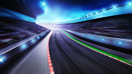 bended asphalt racetrack with stands around, racing sport digital background illustrationの写真素材