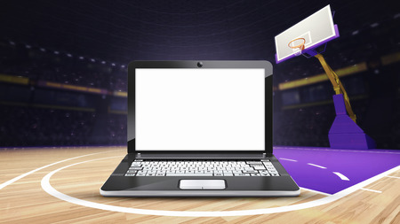 laptop with empty screen on basketball court at arena, sport topic arena interior illustrationの写真素材