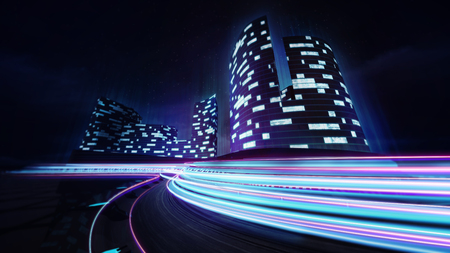 cityscape and race track with colorful light lines, city transportation and technology 3D illustrationの写真素材