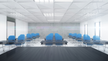 modern classroom interior with wooden front desk , education 3D render illustration templateの写真素材