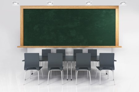 bright modern lecture room with blackboard, education 3D render illustration templateの写真素材