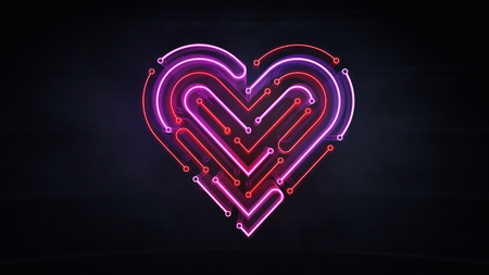 illuminated neon heart shape as integrated circuit background, artificial love and intelligence 3d illustration on dark backgroundの写真素材