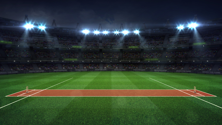 Illuminated round cricket stadium full of fans at night upper side view, modern public sport building background 3D render seriesの写真素材