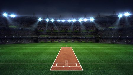 Illuminated round cricket stadium full of fans at night upper front view, modern public sport building background 3D render seriesの写真素材