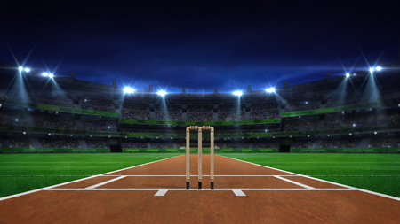 Night cricket field general view and stadium lights on, modern public sport building background 3D render seriesの写真素材