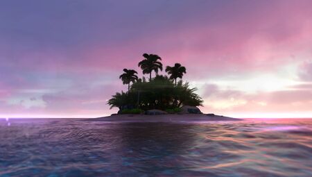 Romantic red dawn sky with abandoned tropical palm isle in the middle, adventurous travelling tropical destination as 3D illustration backgroundの写真素材