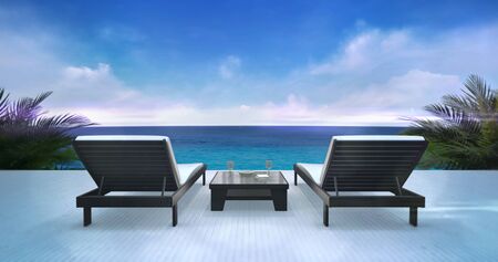 Two wooden loungers on terrace with ocean view and blue sky, holiday resort destination as 3D...
