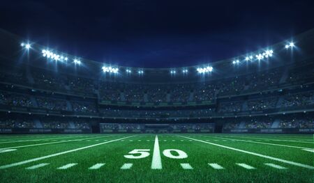 American football league stadium with white lines and fans, illuminated field side view at night, sport building 3D professional background illustrationの写真素材