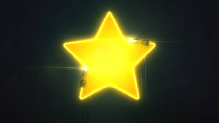 Neon yellow star shape on dark background, light glowing shape design 3D illustrationの写真素材