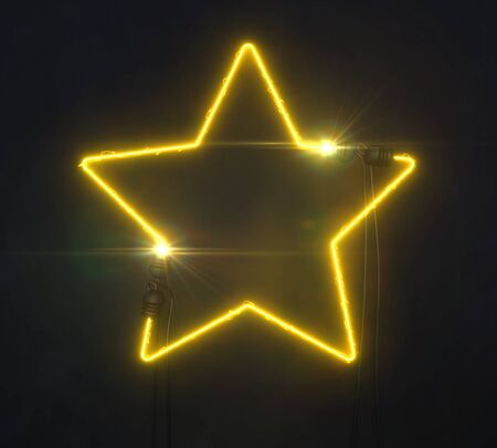 Neon yellow star on dark background, light glowing shape design 3D illustrationの写真素材