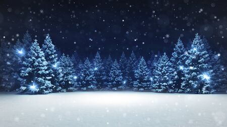 Snow covered winter forest under stormy snowfall and dark sky, seasonal 3D illustration and copy space backgroundの写真素材