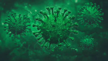 Green organic coronaviruses enlarged detailed microscopic view as 3D illustration.の写真素材