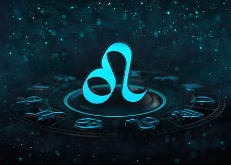 Zodiac Leo symbol above astrological wheel and bokeh at dark. Horoscope sign 3D illustration background.の写真素材