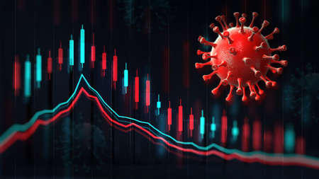 Economic graph chart and business report, red coronavirus macro on screen and blurred background. Business and economy 3D illustration.の写真素材