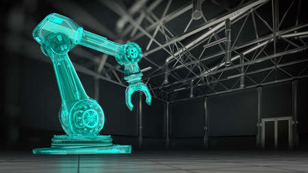 Transparent technical visualization of robotic hand on left side of factory building blurred...