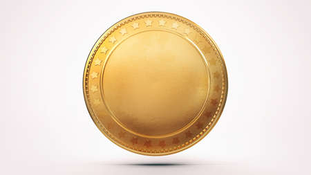 Empty isolated golden shiny coin on white background. Blank money template 3D illustration.の写真素材