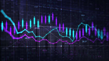 Stock market trading violet blue graph. Economy 3D illustration background. Trading trends and...