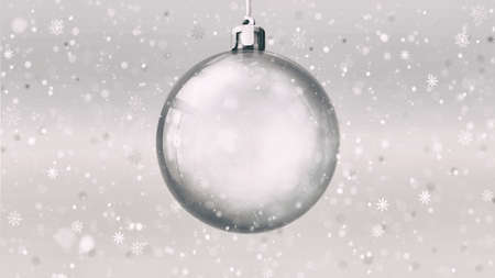 Isolated empty glass ball on bright background at snowfall, 3d illustration of isolated christmas holiday decorationの写真素材
