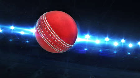 Flying Cricket Ball And Shiny Spotlights Behind. Digital 3D illustration of sport equipment for...