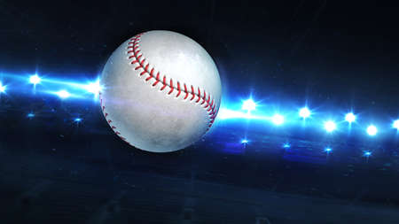 Flying Baseball Ball And Shiny Spotlights Behind. Digital 3D illustration of sport equipment for...