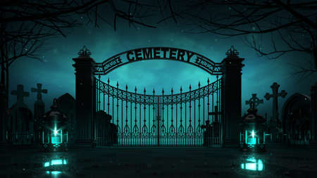 Cemetery front entrance gate with shining lanterns around at dark night. Halloween holiday theme 3d background illustration.の写真素材