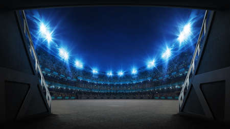 Stadium tunnel leading to playground. Players entrance to illuminated racing arena full of fans. Digital 3D illustration background for sport advertisement.の写真素材