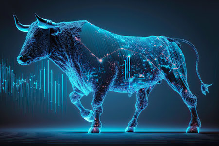 Bull's stock market graph in blue. Post-produced generative AI illustration.の素材