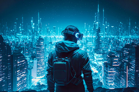 Man's metaverse exploration of futuristic city. Post-produced generative AI illustration.の素材