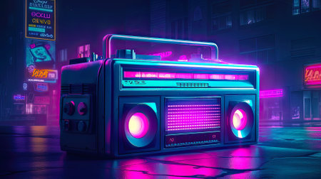 Retro 1980's radio on a neon illuminated street at night. Post-produced generative AI illustration.の素材