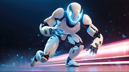 Futuristic white robot is running to finish his mission. Post-produced generative AI illustration.の素材
