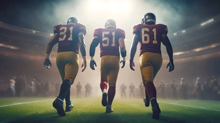Three american football players walking on pitch during after night sports match. Post-produced generative AI illustration.の素材
