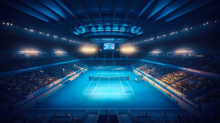 Modern tennis stadium with blue court. Post-produced generative AI illustration.の素材
