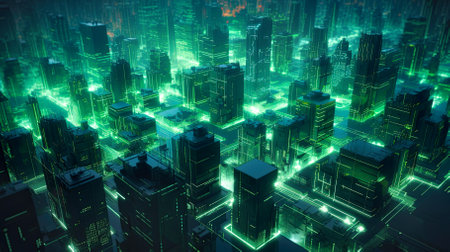 Green futuristic city structure from upper view. Post-produced generative AI illustration.の素材