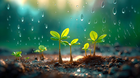 sprout, seedlings, rain, life, watering, growing, raining, rain drops, green, nature, leaf, agriculture, plant, generative ai, ai, generative, illustration, bud, closeup, earth, foの素材