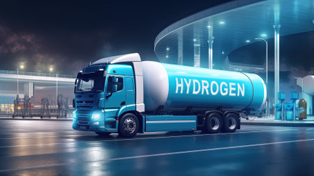 Truck with hydrogen fuel tank trailer at night. Post-produced generative AI illustration.の素材