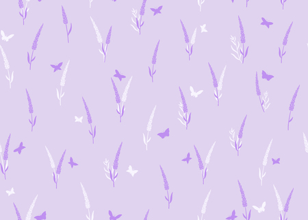 Lavender flowers with butterflies seamless pattern on purple backgroundのイラスト素材