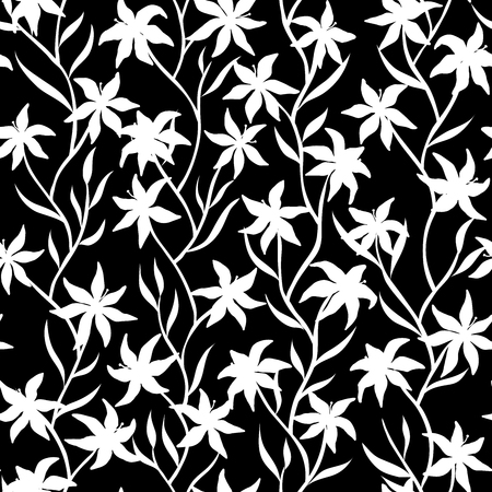 Tiger Lily Seamless pattern. Abstract lily flower design with wavy vertical stem and leaf. Vector illustration background for interior, fashion, textile, surface, web, home decor and graphic design.のイラスト素材