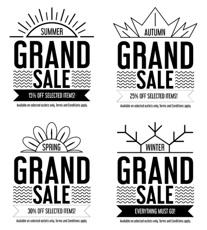Set of 4 seasons Grand Sale promotion typographic banner. Summer, Spring, Autumn, Winter Sale banner design for web and print. Vector illustration.のイラスト素材