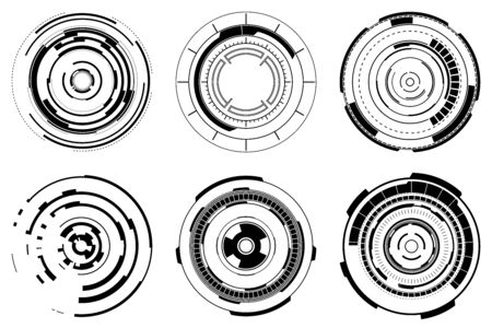 Set of futuristic radial graphic elements. Black and white HUD. Circle Head-up display for web and app. Futuristic user interface. Template UI for web, app, virtual reality. Vector illustrationのイラスト素材