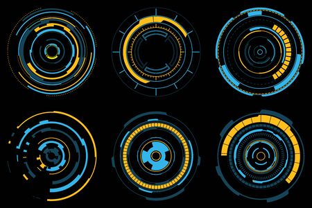 Set of futuristic radial graphic elements. Neon blue and yellow HUD. Circle Head-up display for web and app. Futuristic user interface. Template UI for web, app, virtual reality. Vector illustrationのイラスト素材