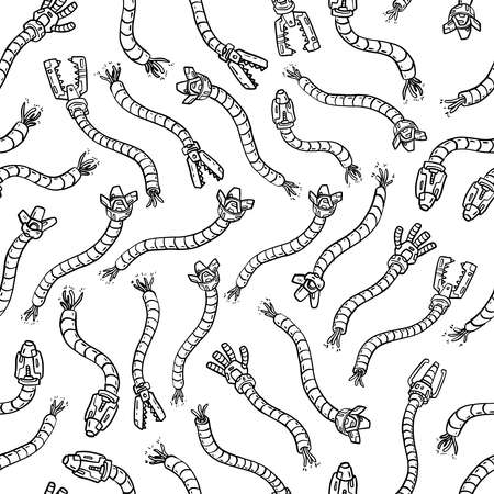 Robot hands doodle seamless pattern. Black and white background. Vector illustration for surface design, print, poster, icon, web, graphic designs.のイラスト素材
