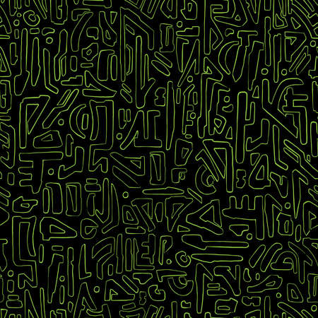 Alien hieroglyph seamless pattern. Black and green doodle style vector illustration pattern for surface, t shirt design, print, poster, icon, web, graphic designs.のイラスト素材