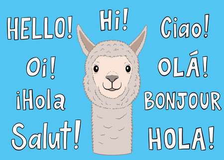 Llama with greetings in different languages. Vector Illustrationのイラスト素材