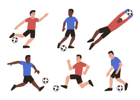 Cartoon male soccer players set. Isolated vector illustration. Active people playing football in different poses.のイラスト素材